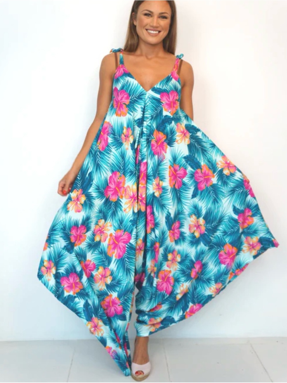 Tropical Floral Wide-Leg Jumpsuit - Teal & Pink